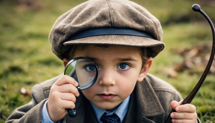 Child detective solving mysteries with magnifying glass and deerstalker hat