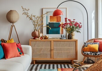 an interior design, a living room with a modern sideboard in light wood and rattan doors on the front, pastel colors like mustard yellow, blue, purple, green, and orange