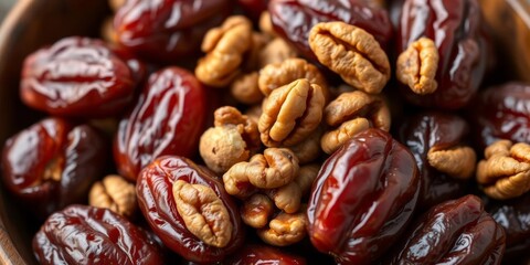 Obraz premium Close-up of a bowl filled with plump dates and walnuts, wooden bowl, food