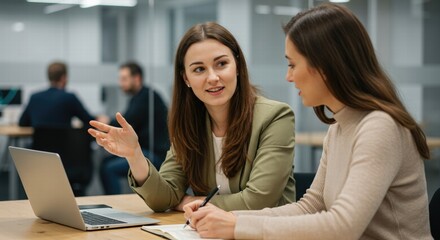 Two female office friends laughing at workplace, having fun, talking at laptop, discussing funny creative ideas, brainstorming, chatting, enjoying business friendship