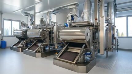 Fototapeta premium Large industrial grinding machines processing beef in a sterile meat processing environment