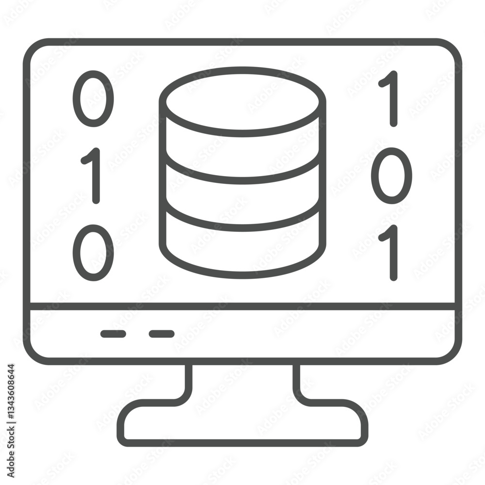 Poster disks on monitor screen thin line icon, data encryption and storage concept. vector graphics. digita