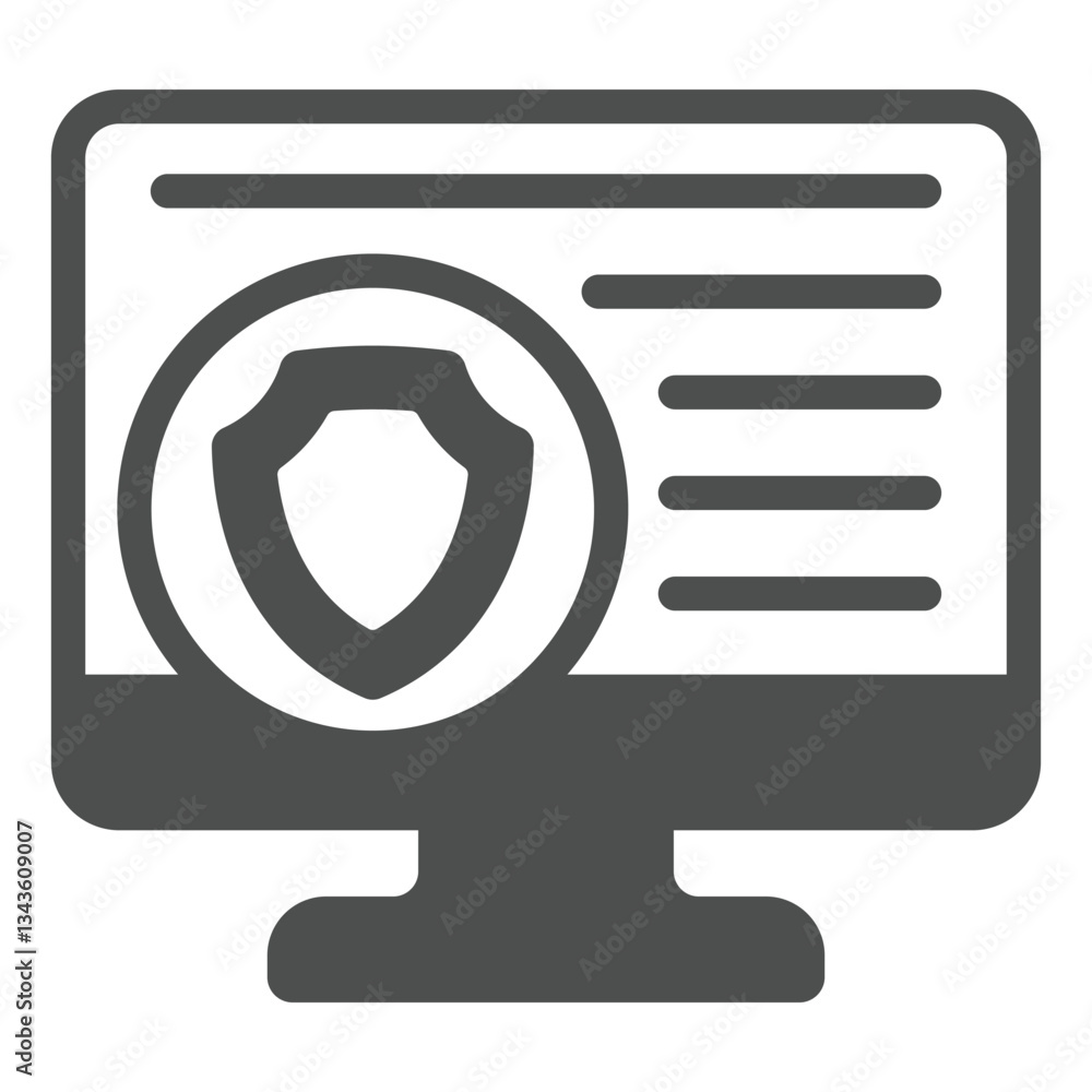 Poster monitor with safety emblem solid icon, data protection concept. vector graphics. display screen with