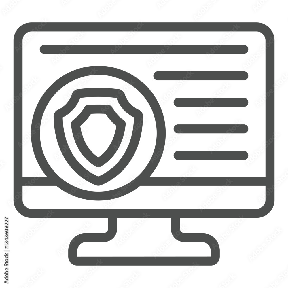 Poster monitor with safety emblem line icon, data protection concept. vector graphics. display screen with 