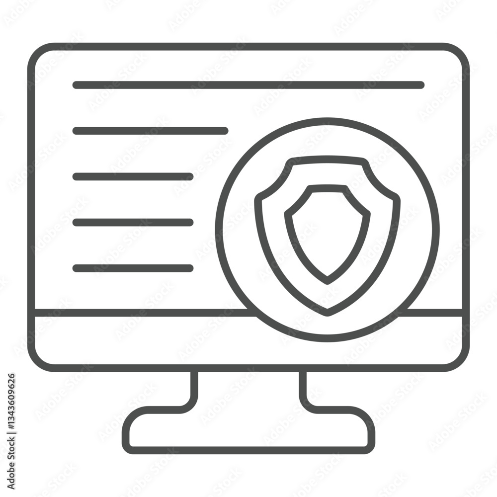 Poster monitor with safety emblem thin line icon, data protection concept. vector graphics. display screen 