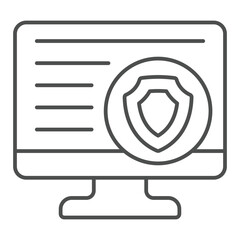 Monitor with safety emblem thin line icon, data protection concept. Vector graphics. Display screen with secure data sign on white background, outline style icon for mobile or web design.
