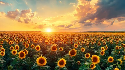 Fototapeta premium Sunflower field at sunset. Beautiful summer landscape with sunflowers.