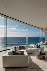 Luxury indoor living spaces blend modern apartment design with hotel-like views, featuring glass windows overlooking a pool