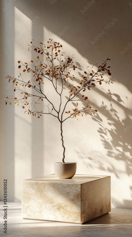 Aufkleber A slender tree with autumn leaves stands elegantly in a light-filled room, its shadows creating a beautiful interplay on the textured surface beneath. The simplicity enhances its charm