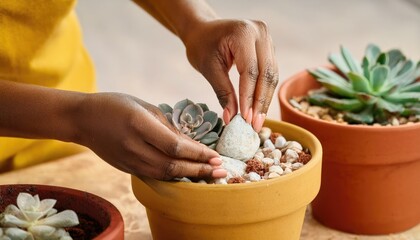 Gardener placing decorative stones around succulents in pot