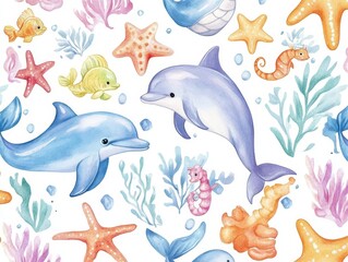 Obraz premium Watercolor Sea Life Pattern: Dolphins, Starfish, and Seahorses in Marine Harmony