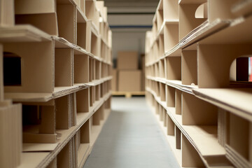 A large industrial warehouse with tall cardboard shelves filled with neatly stacked corrugated boxes. The setting showcases the production and storage process