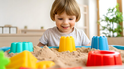 Child development growth stimulation, Child playing joyfully with colorful sand toys in a bright indoor space.