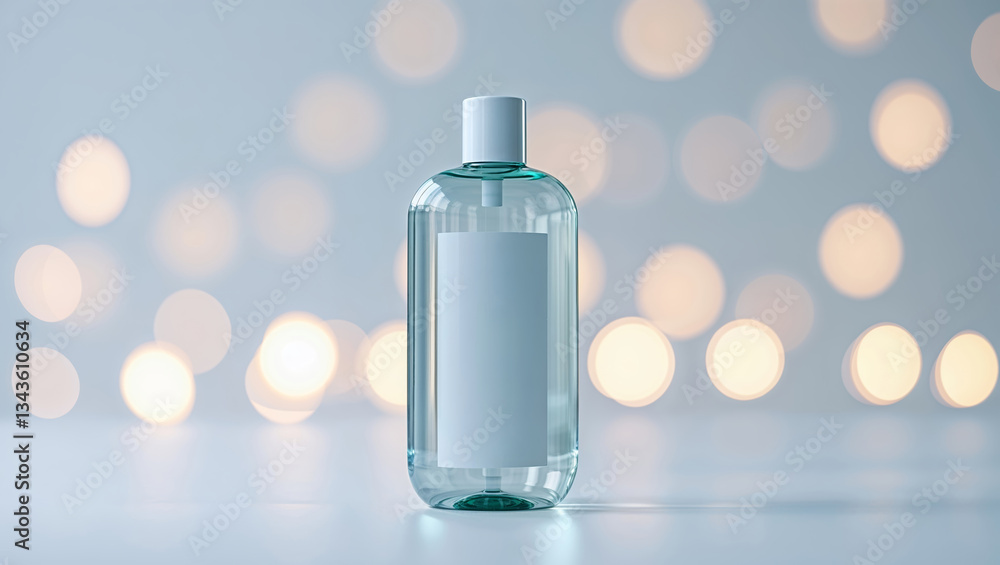 Poster clear bottle with blank label standing on a surface against a backdrop of soft glowing lights at nig