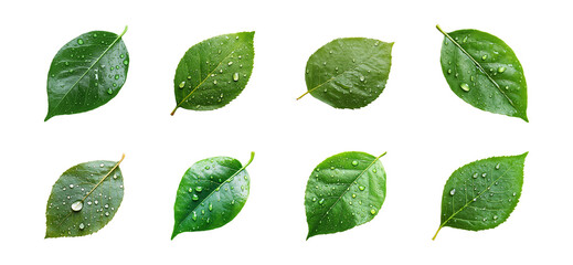leaf with raindrops collection isolated on a transparent or white background, cut-out, PNG