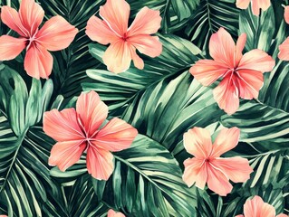 Fototapeta premium Tropical Hibiscus Floral Pattern: Vibrant Botanical Design with Exotic Leaves and Flowers for Summer Backgrounds and Decorative Art