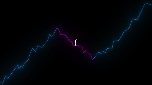 Businessman silhouette navigating volatile stock market graph. Shrinking as financial landscape transforms from declining trend to potential recovery. Symbolizing economic uncertainty and resilience