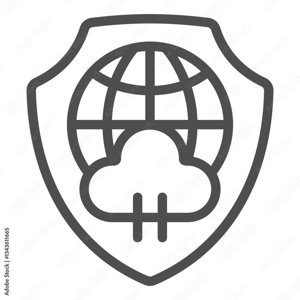 Poster globe with cloud on emblem line icon, data protection concept. vector graphics. shield with world gl