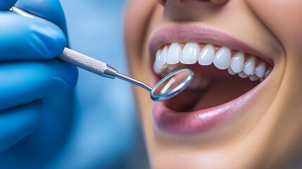 Close up of a female patient having her teeth examined by dentist
