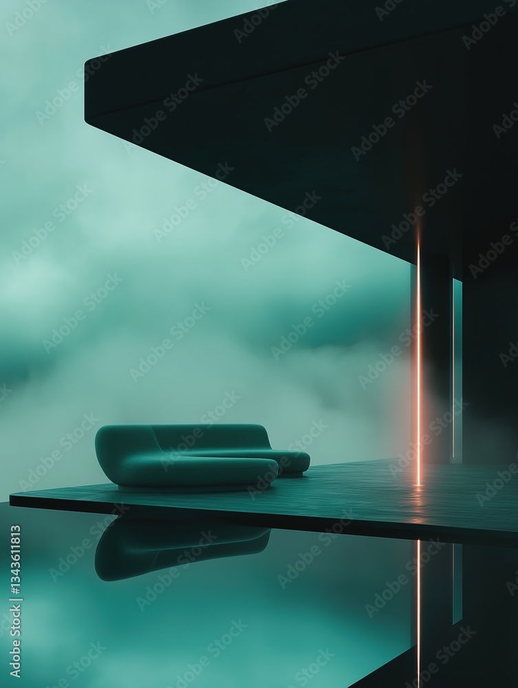Poster digital art piece that appears to be a 3d rendering of a futuristic interior design. the background 