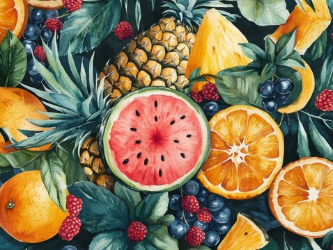 Vibrant Watercolor Fruit Medley: Pineapple, Orange, Watermelon, and Berries - A Tropical Delight in Fresh, Juicy Colors