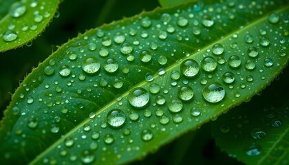 Beautiful close-up of fresh green leaves adorned with glistening water droplets after a refreshing rain shower.