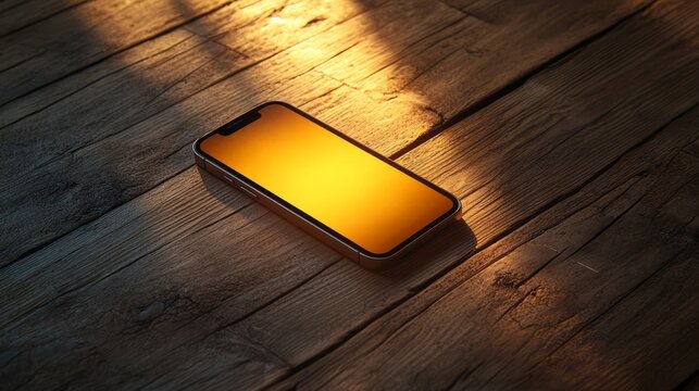 Smartphone with a golden screen lies on a wooden surface