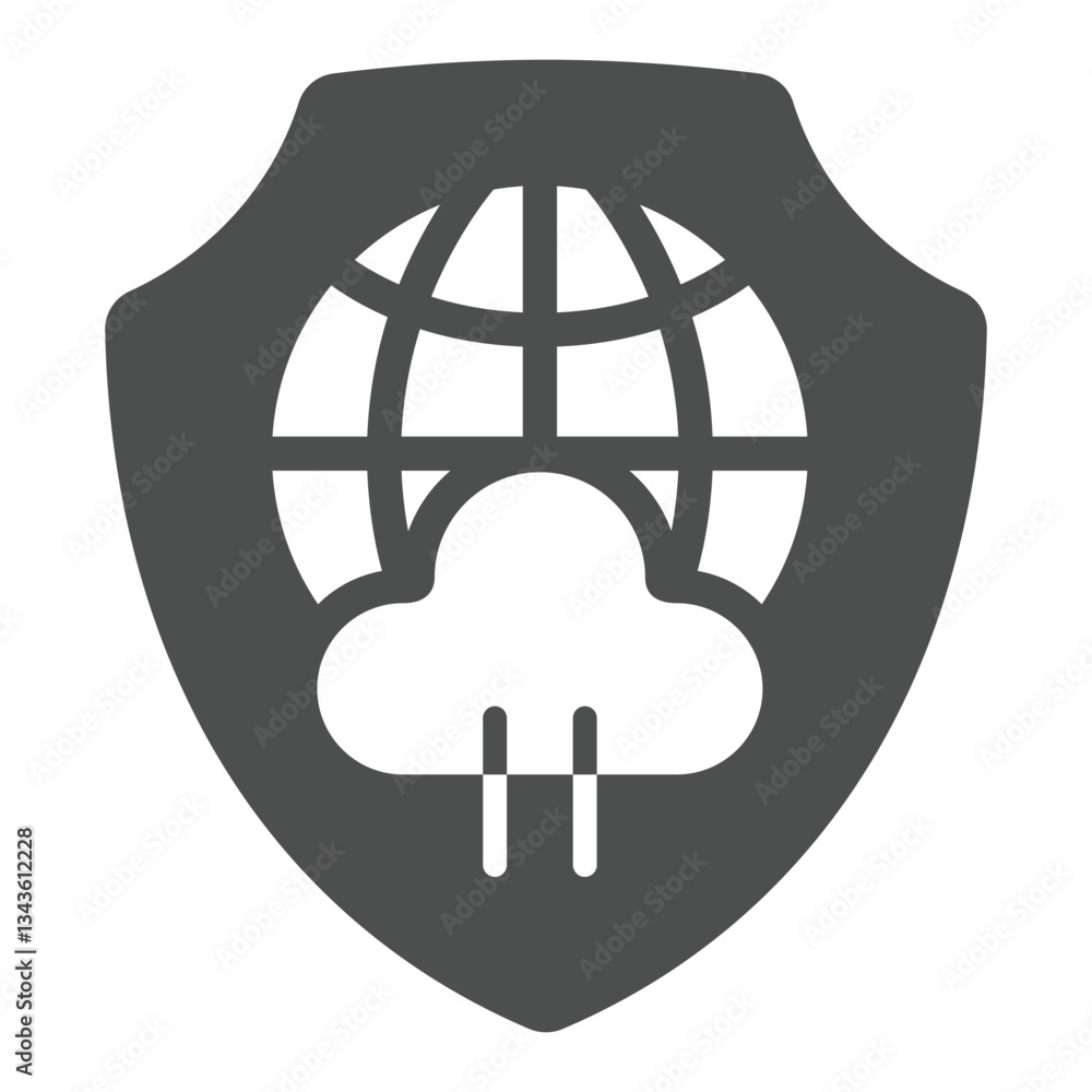 Aufkleber globe with cloud on emblem solid icon, data protection concept. vector graphics. shield with world g