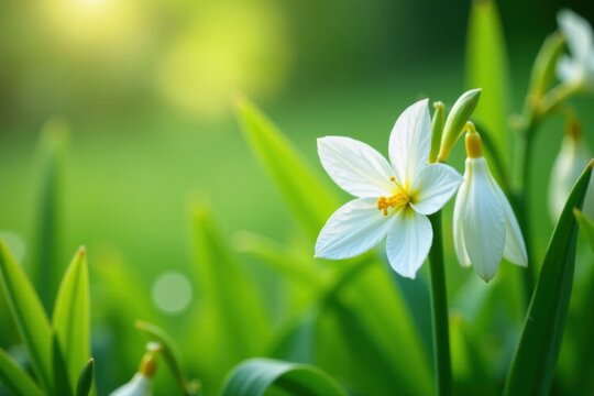 Delicate white blooms sway in breeze amidst lush greenery, natural, gentle