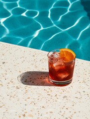 Refreshing Cocktail by the Pool: A Summer Drink with Ice and Orange Garnish for a Perfect Vacation Moment