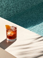 Refreshing Cocktail by the Pool: A Summer Drink with Ice and Orange Slice for a Relaxing Vacation, Alcoholic Beverage, and Tropical Vibes.