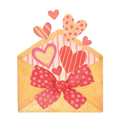 Kraft paper envelope large with red polka dot bow and hearts flying out hand drawn romantic illustration isolated white background