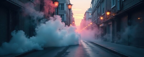Obraz premium Dense fog rolling in with wispy smoke tendrils on a dark urban street, smoke, cityscape, darkness