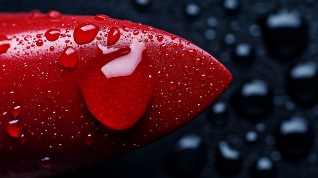 Red lipstick with drops of water on black background, closeup