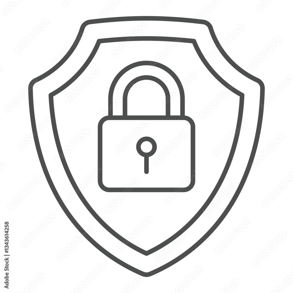 Poster lock on safety emblem thin line icon, data guard protection concept. vector graphics. shield with lo