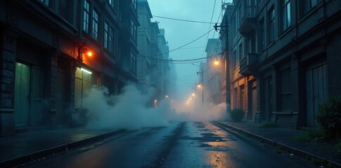 Dense foggy smoke swirling around a abandoned city street at dusk, atmospheric, misty