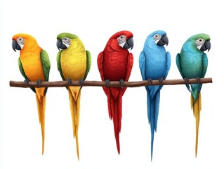 Colorful macaws perched on a branch, showcasing vibrant feathers in bright shades of yellow, green, red, blue, and turquoise.
