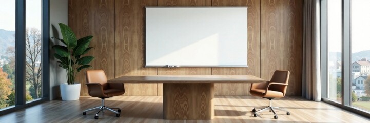 Desolate conference table with empty whiteboard and single unattended chair, room, isolation
