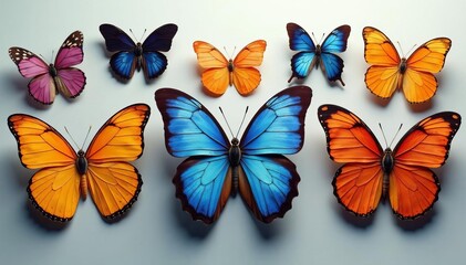 Collection of various species of butterflies in a row, different, diverse, natural