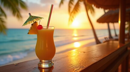 Enjoying a tropical cocktail with mango puree and coconut milk at sunset on the beach