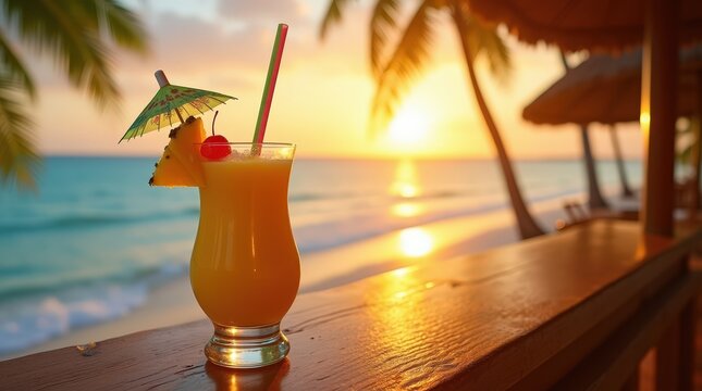 Enjoying a tropical cocktail with mango puree and coconut milk at sunset on the beach