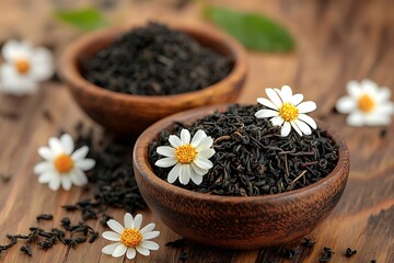 Aromatic Black Tea & Chamomile on Wood.
