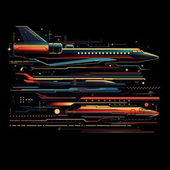Futuristic Aircraft Illustration Sleek Jets in Abstract Style. This vibrant image depicts three stylized airplanes set against a dark background.