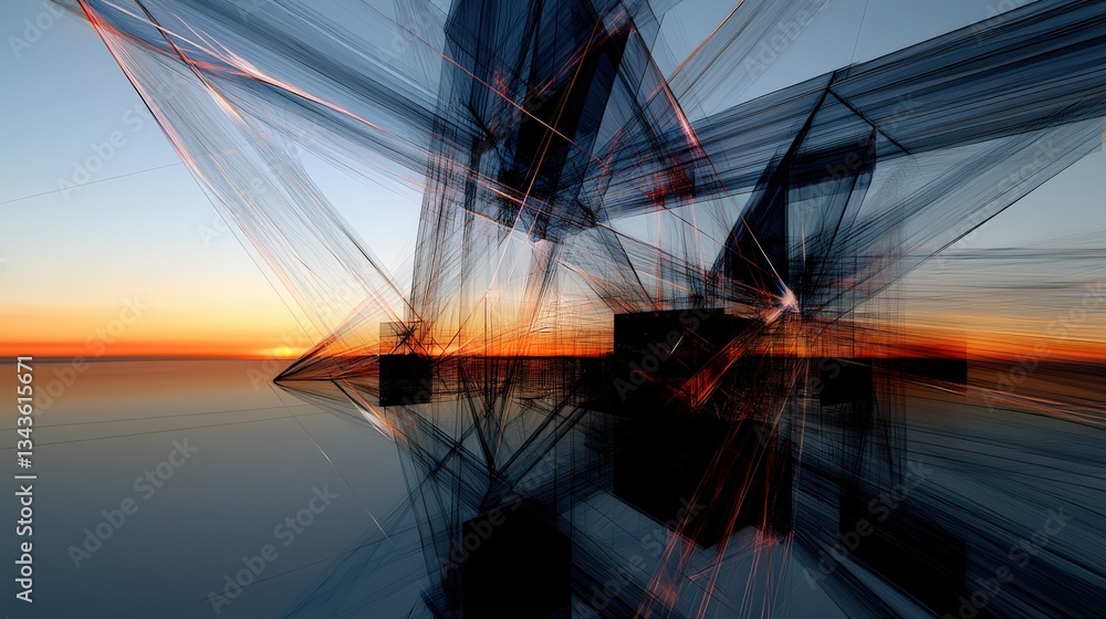 Poster abstract cityscape intertwined with digital patterns.