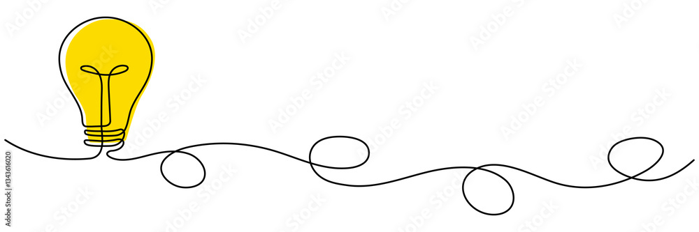 Poster lightbulb with yellow light continuous line drawing. idea concept. electric lamp. brainstorm symbol.
