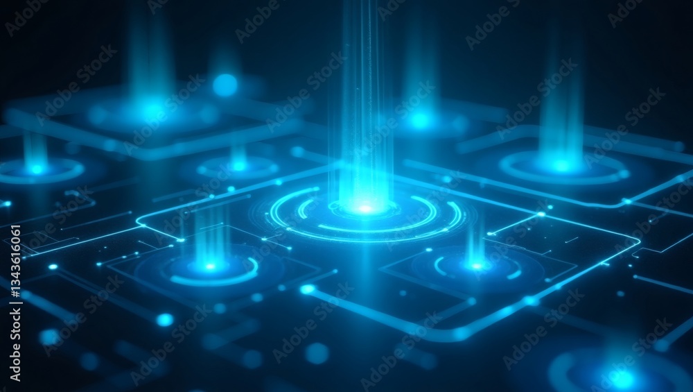 Poster abstract image of a technological circuit board with shining blue lights that suggest data streams and connections