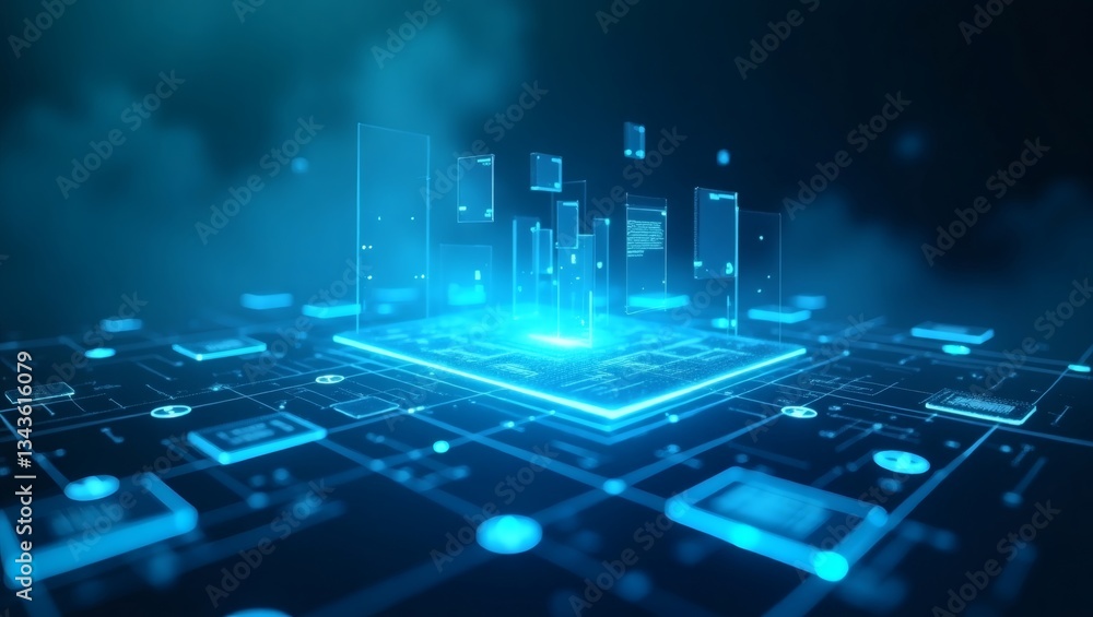 Poster glowing technological abstract image representing a digital world, showcasing intricate network connections and futuristic components.