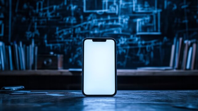 Smartphone stands upright on a surface against a dark background