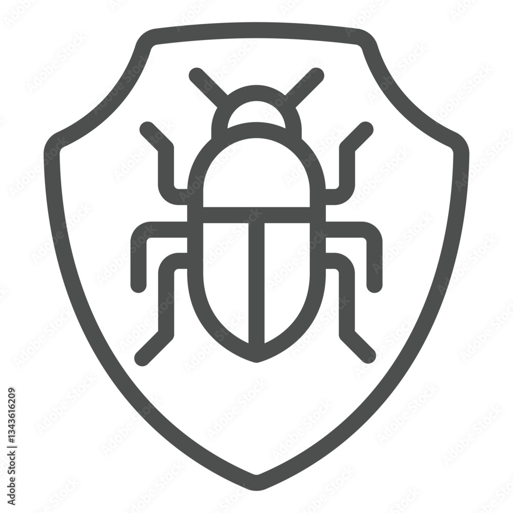 Poster shield with bug line icon, malware protection concept. vector graphics. safety emblem with insect si