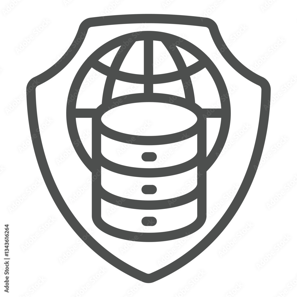 Poster world globe, disks on shield line icon, data protection concept. vector graphics. safety emblem with